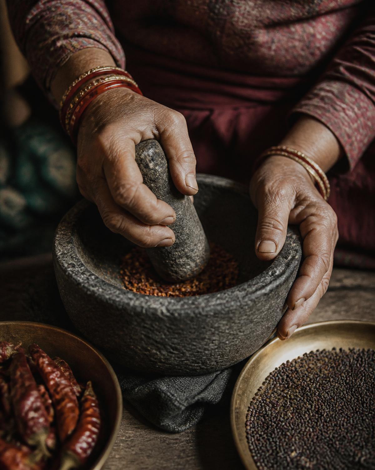 An older Nepali woman grinding chilli and timur in a stone mortar