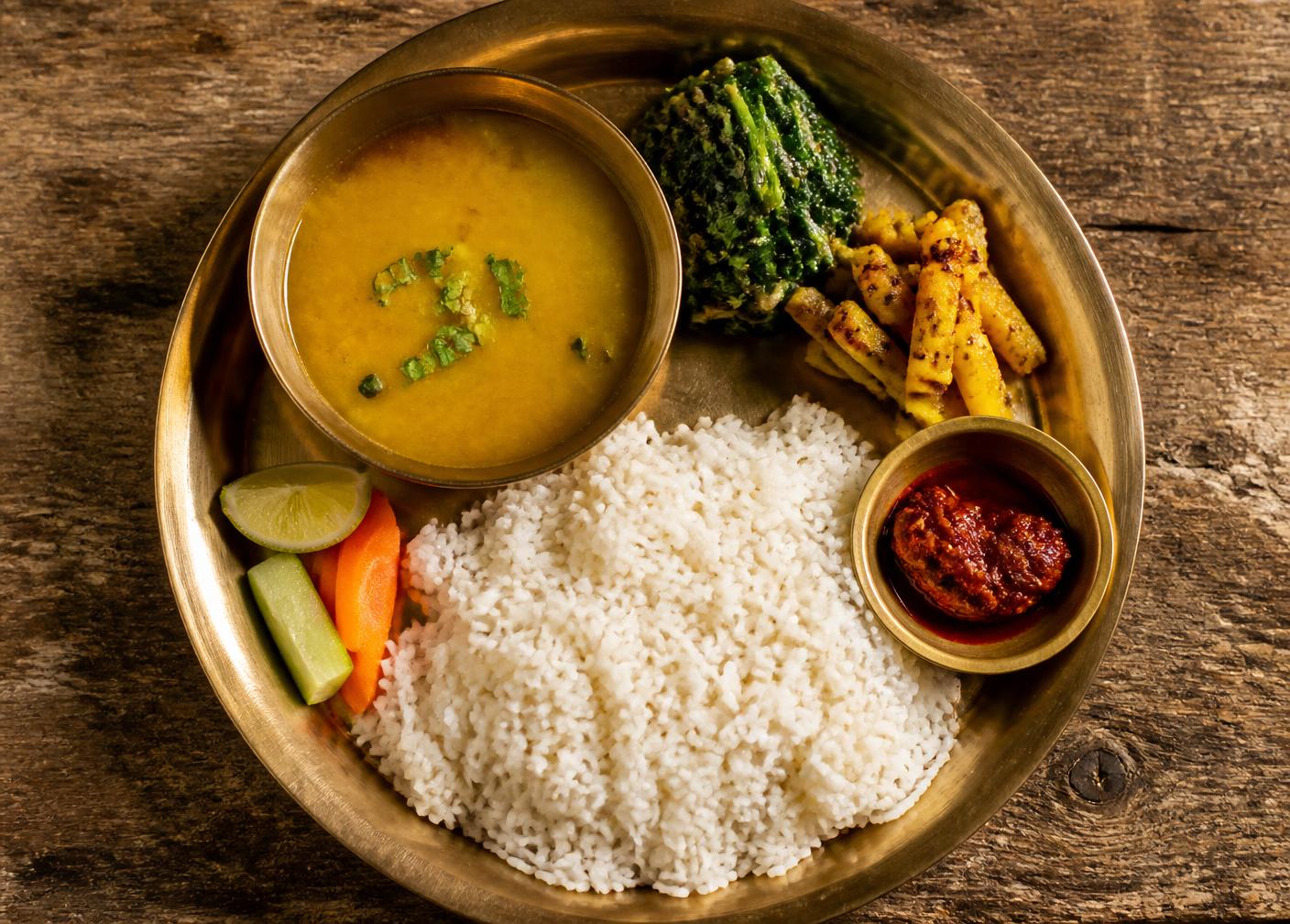 Dal bhat served with rice, lentils, greens and a bowl of AAMAYAA achar
