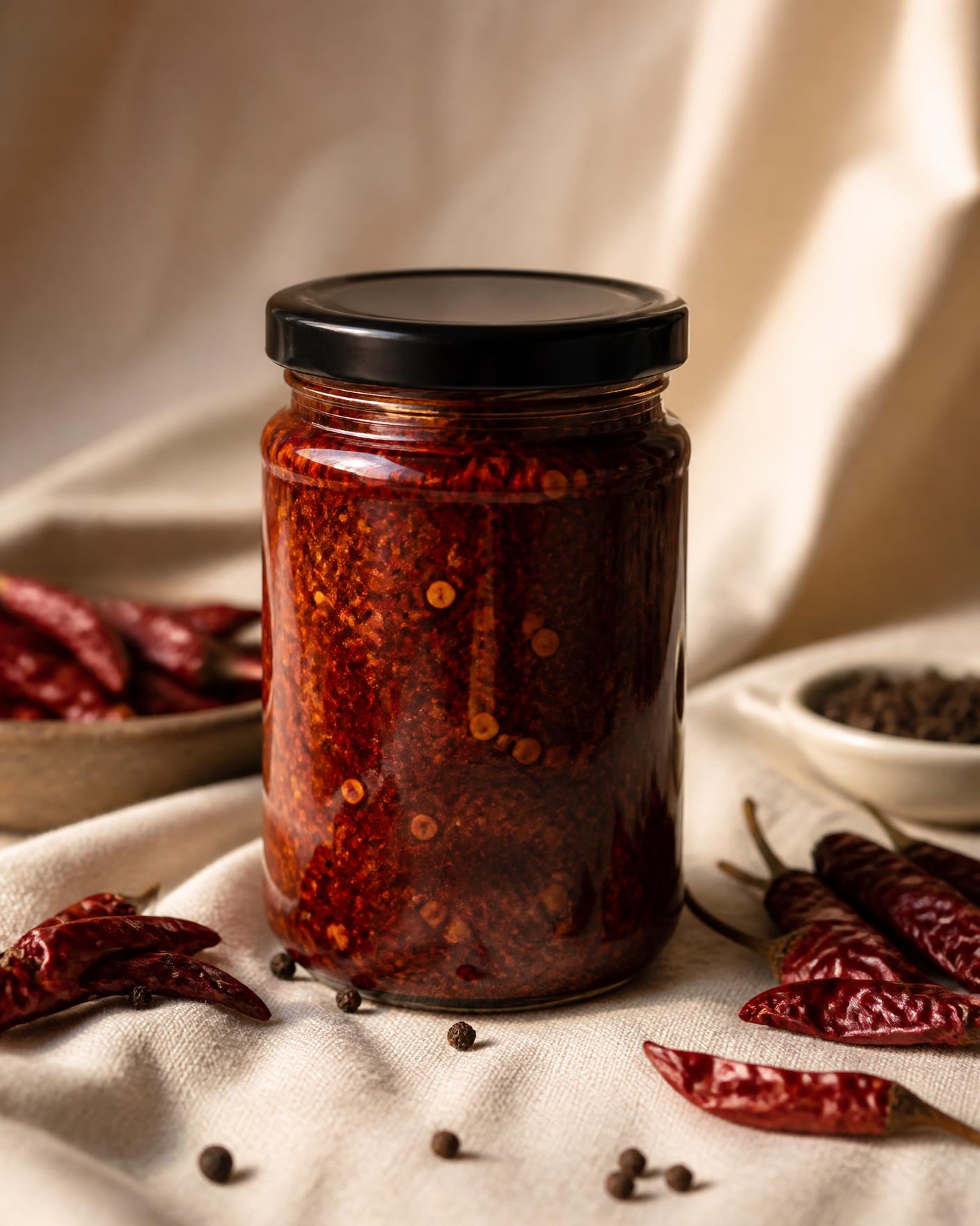 A jar of AAMAYAA Nepali chilli achar surrounded by dried chillies on cream linen